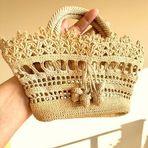 Victorian handmade lace crochet basket purse vintage